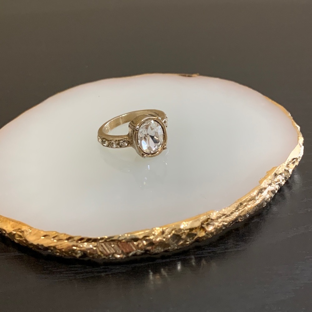 Silver oval diamond ring with diamond band Size 6.5